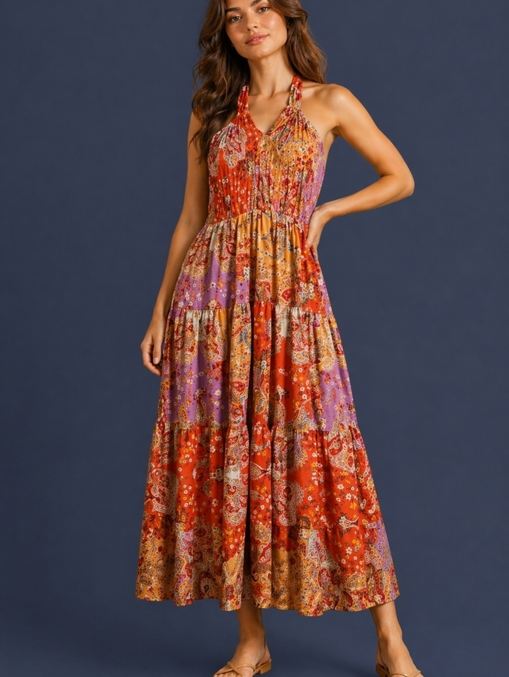 GRACE KARIN Orange Floral Paisley Patchwork Smocked Halter Tiered Maxi Dress